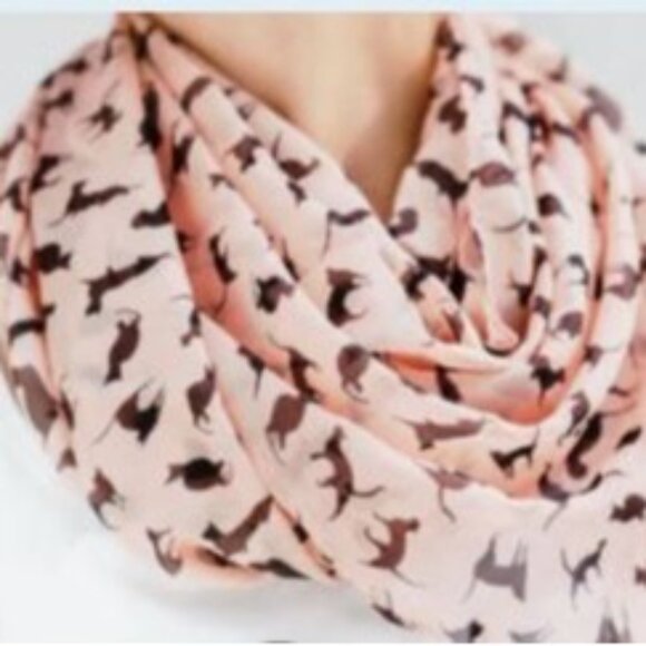 Cat Print Pink Black Chiffon Long Scarf Lightweight Wrap Whimsical Silhouettes - Picture 2 of 10